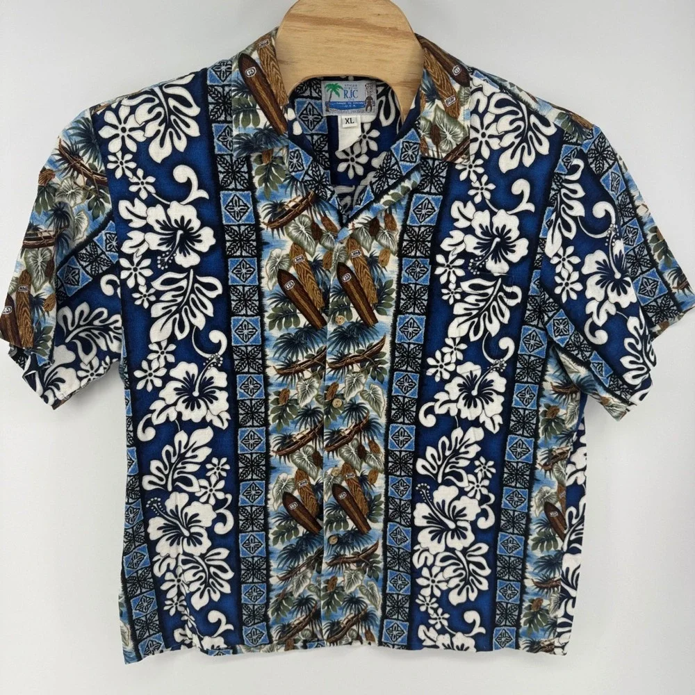 RJC Hawaiian Shirt Mens XL Blue White Hibiscus Surfboard Made in Hawaii USA